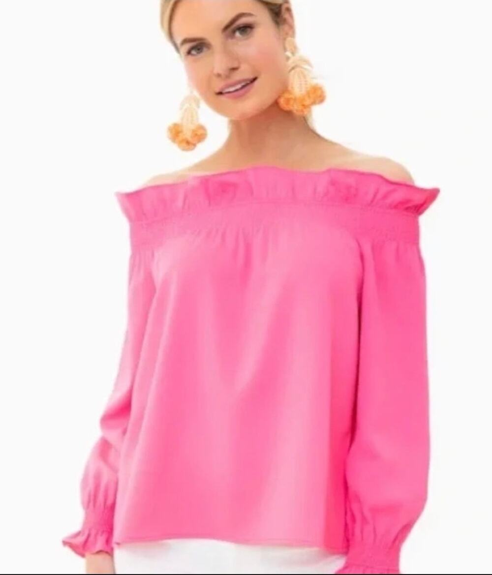 Tuckernuck Marguerite Top Womens S Hot Pink Off Shoulder Ruffle Smocked Blouse